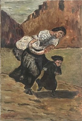 אמן לא מזוהה - THE BURDEN. שמן על בד חתום 30X45 
מחווה ל DAUMIER