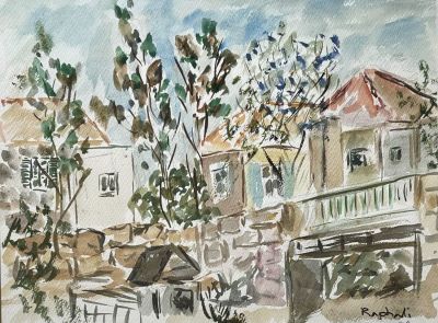Rabbi Zvi Rephaeli (1924-2005) - נוף עיירה. אקוורל 40X30 חתום וממוסגר