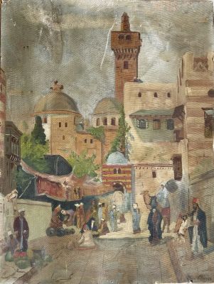 Unidentified artist - market. Oil on panel attached to cardboard, 58X45 signed