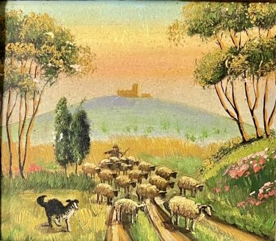 Unidentified artist - miniature, a flock of sheep at Mount Tabor 
Oil paints, presented in fancy 