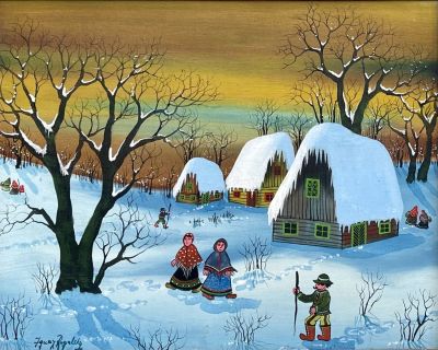Unidentified artist - A town in the snow. Oil on canvas 50x40 signed and framed