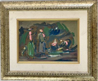 Shmuel Tepler (Israeli - Polish, 1918-1998) - Donkey and women in the market. Oil on panel 50X35 