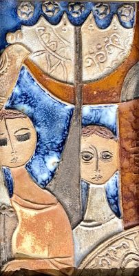 Ruth Factor (b.1937) - Girls, a dove and Stars of David. Ceramic relief 18X10 signed and framed
