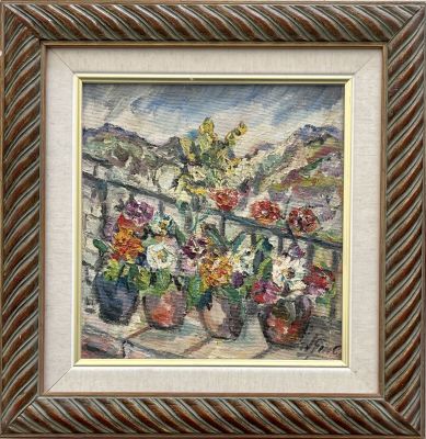 DAVID SHMUKLER - Flowers in the landscape. Oil on canvas 32X30 signed and framed