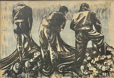 Moshe Gat - fishermen. Woodcut 48X33 signed in pencil and framed