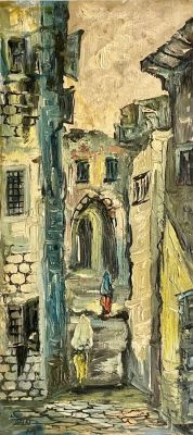 Dan Moskona - Old City. Oil on panel 35X15 signed and framed