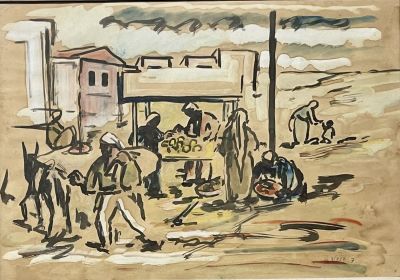 David Hendler - Donkey in the market. Watercolor 50X35 signed and framed
