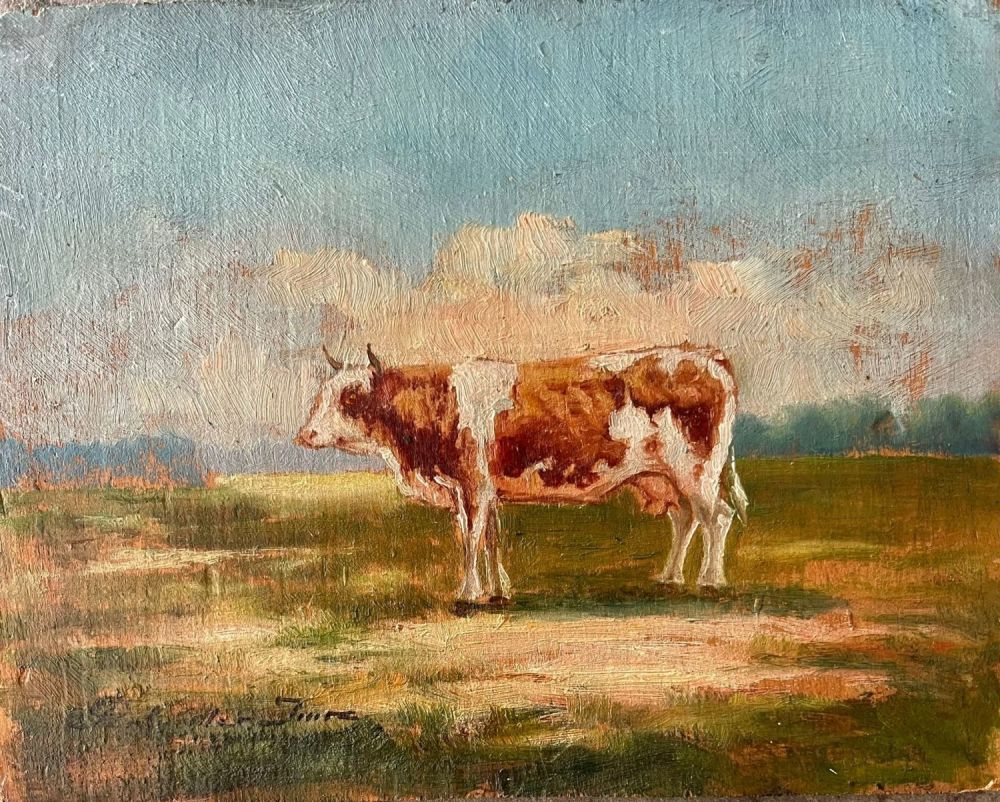 Imre Perlmutter (Hungary, 1892-1935 - cow in the meadow. Oil on plywood 14x11 signed