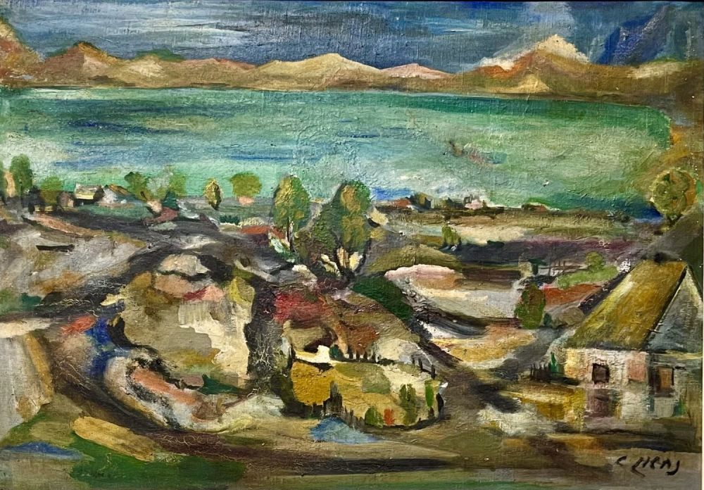 SHMUEL NACHSHON - Sea of Galilee view. Oil on cardboard 105X75 signed and framed