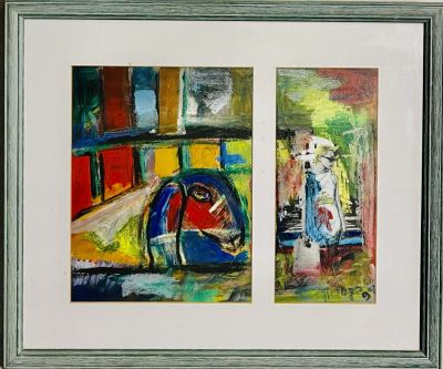 Unidentified artist - The model and the sheep. Mixed media diptych on paper 38x50 signed and framed
