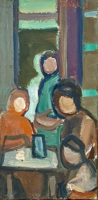 Aharon Giladi - A family in a kibbutz. Oil on canvas 20x40 signed and framed
