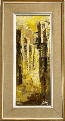 ROLLY SCHEFFER - the old City. Oil on canvas 60x24 signed and framed.