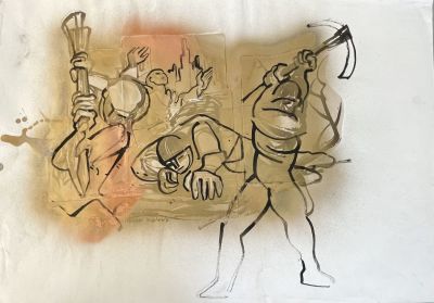 Gershon Knispel - "To the three who fell in Arazim" . Collage with spray paint 70X50 signed