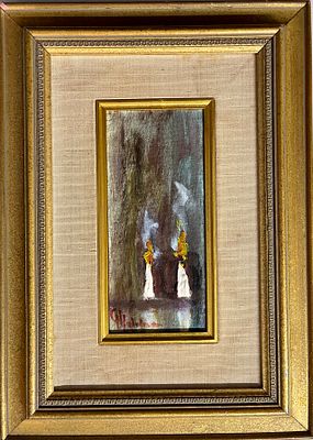 Albert Goldman - Shabbat candles. Oil on plywood 11x24 signed and framed