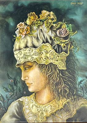 Mandy Sand (1932-2004) - A flowery woman, surreal-fantastic. Oil on canvas 25X35 signed and framed