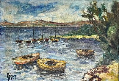 Yehuda Rodan (Israeli, 1916-1985) - Boats in the Sea of ​​Galilee
. Oil on cardboard 35X50 signed 