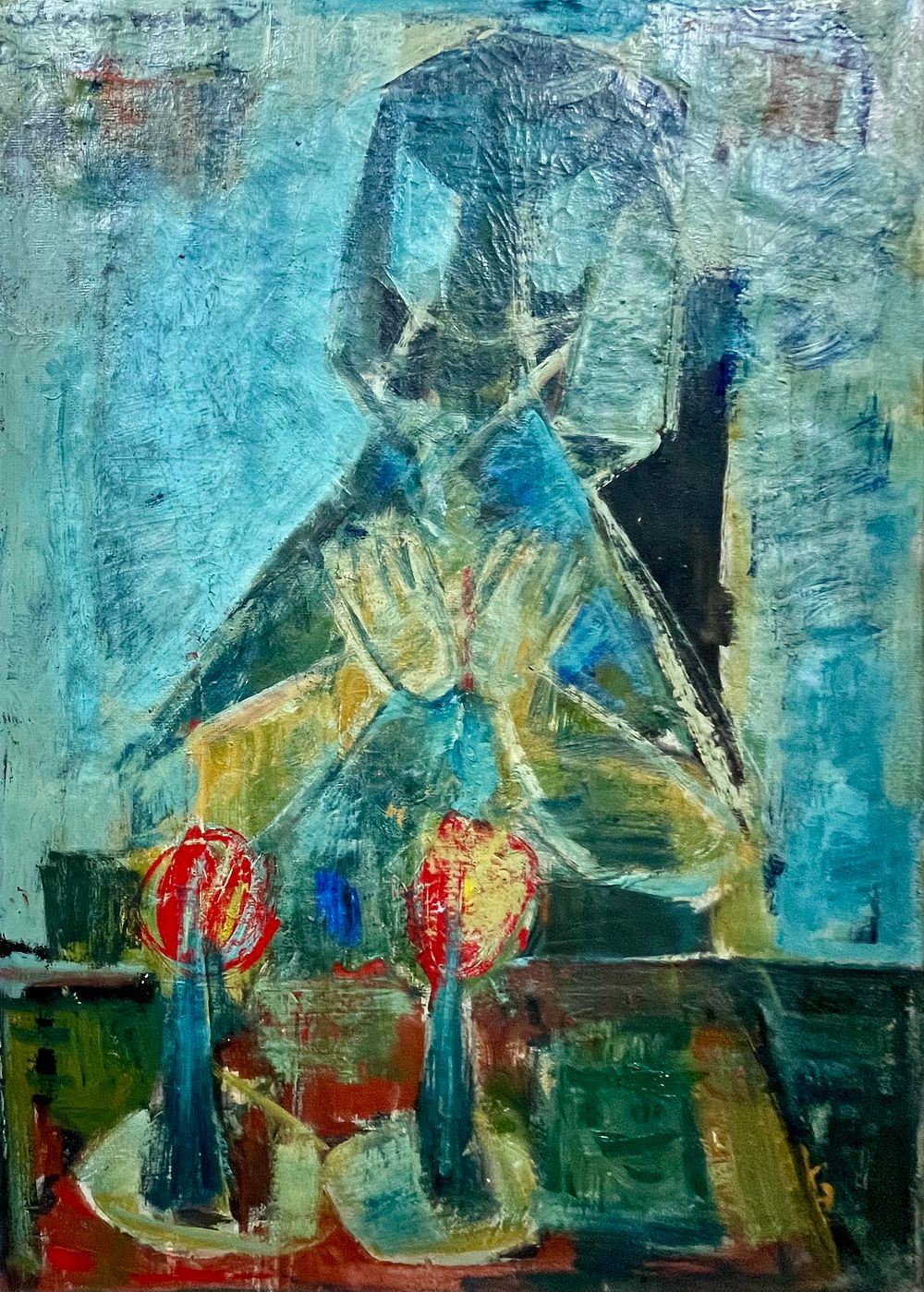 Stefan Alexander (Czech - Israeli, 1910-1978) - A woman lights Shabbat candles. Oil on canvas 71X51 