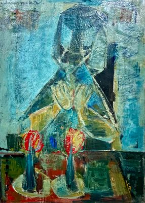 Stefan Alexander (Czech - Israeli, 1910-1978) - A woman lights Shabbat candles. Oil on canvas 71X51 