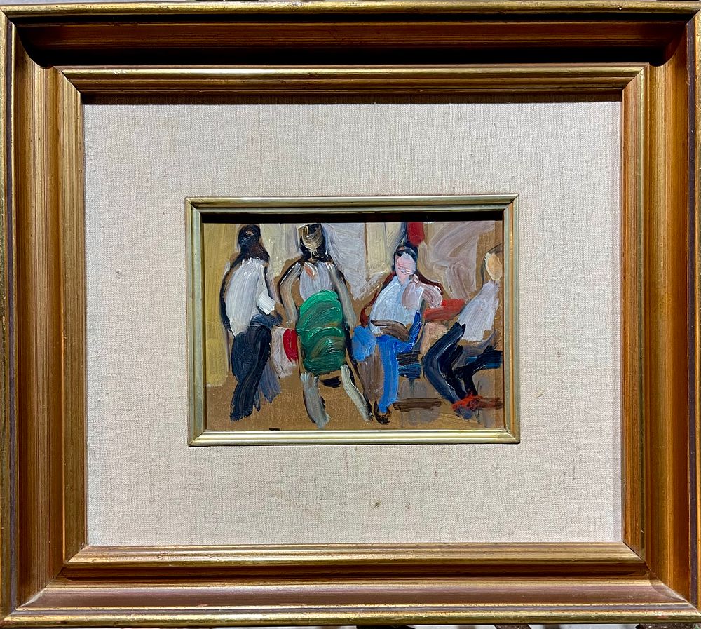 Moshe Rosenthalis (1922-2008) - Women's talk. Oil on wood 18X13 signed and framed