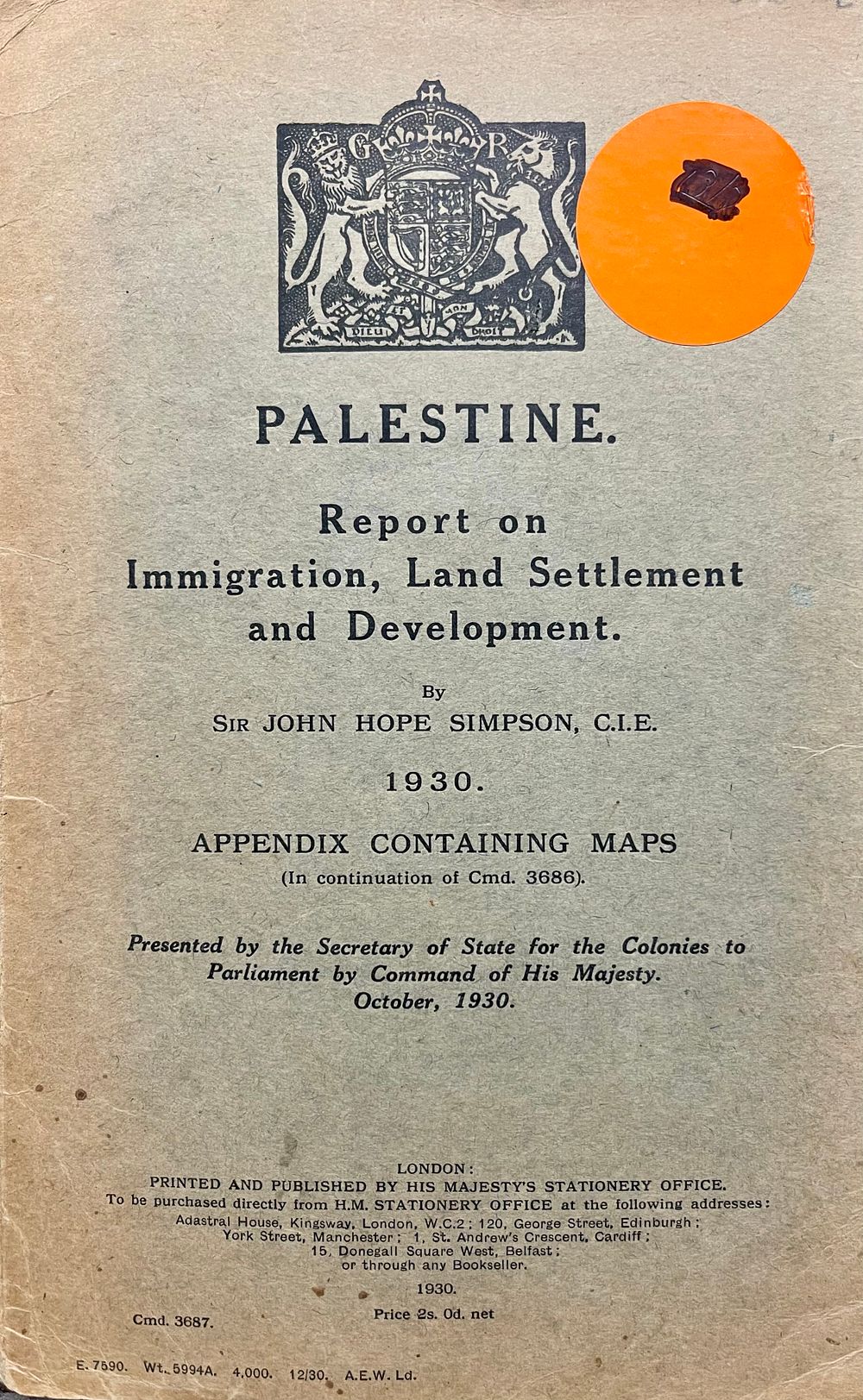 "Palestine Report on Immigration, Land Settlement and Development" by Sir John Hope Simpson 