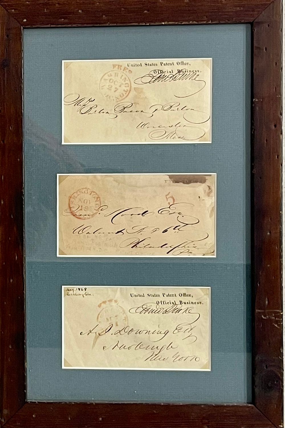 Rare set of 3 official envelopes from the United States Patent Office, 1840s 
Three original 