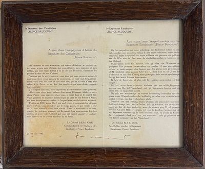 Official farewell document from the commander of the Belgian Carabiniers Regiment “Prince 