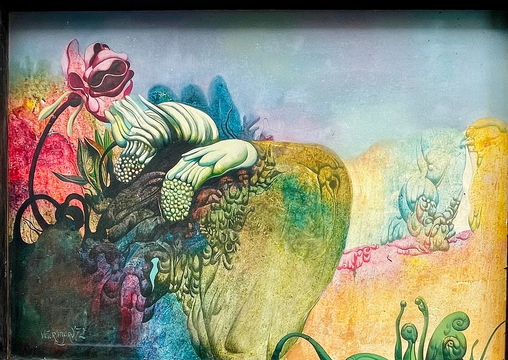 Victor Linford - קומפוזיציה סוריאליסטית בפנטזיה. שמן על לוח עץ 50X35 עבודה נדירה חתומה וממוסגרת