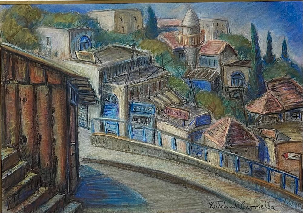 רייצוק כרמלה - צפת - מושבת אמנים. פסטל 50x35 חתום ומתואר מאחור