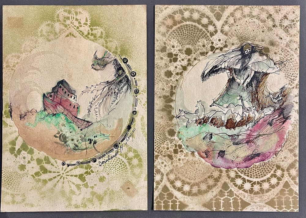 מרים ברנהרדט - סיפור המבול. דיפטיך אקוורל 17X24 כל ציור חתום