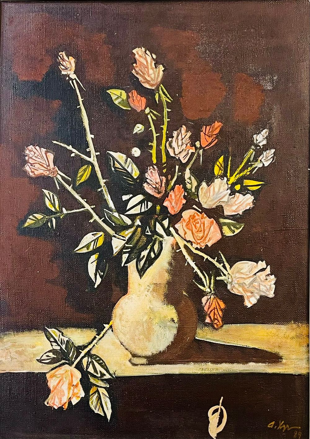 אמן לא מזוהה - דומם . שמן על בד 70X50 חתום וממוסגר, חתום ומתואר מאחור