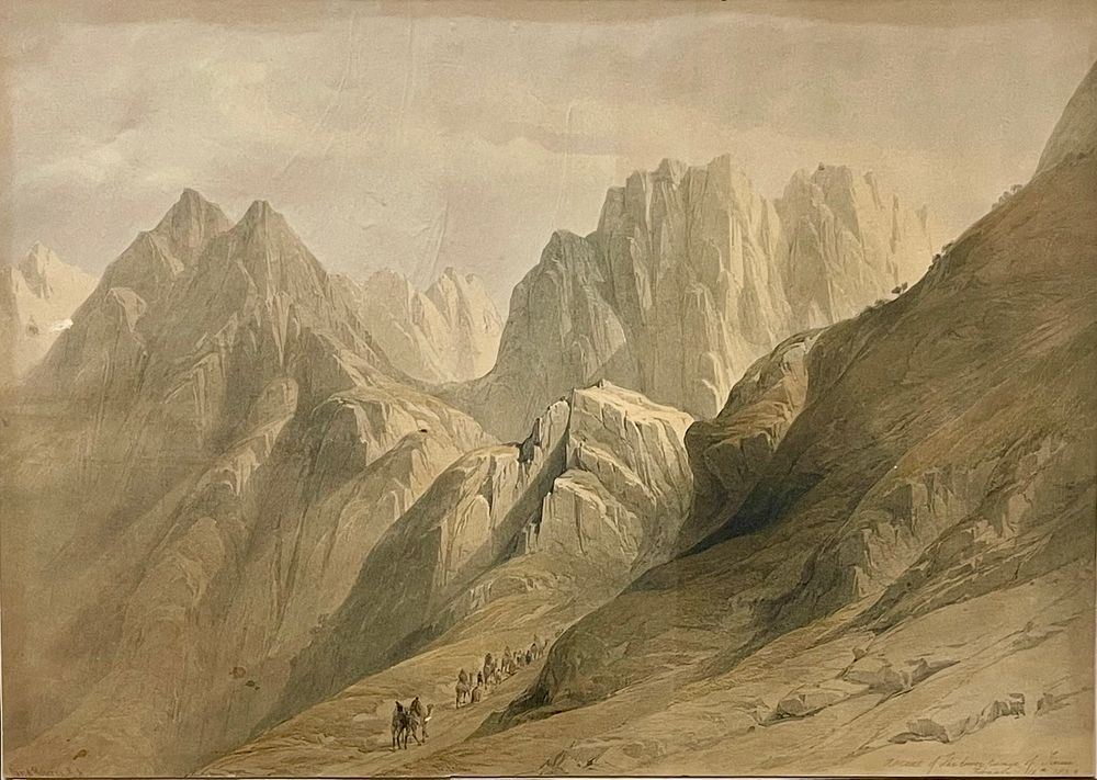 David Roberts, - Ascent of the lower ranges of Mount Sinai. Coloured lithograph 49X34 signed and framed