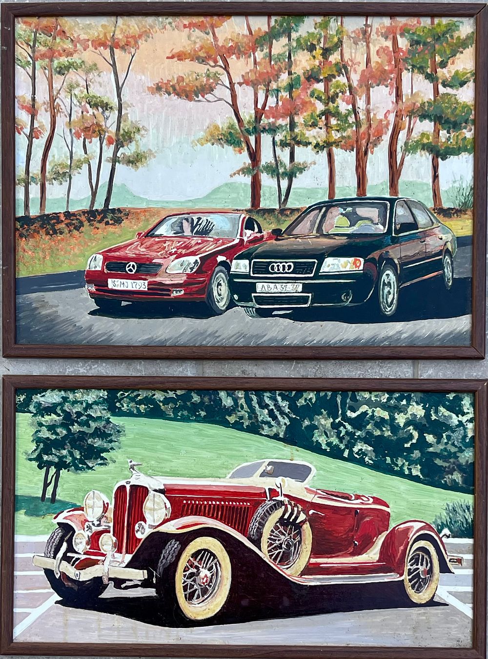 Unidentified artist - Two car paintings. Oil on masonite 43X31 and 43X25 framed, one depicted on 