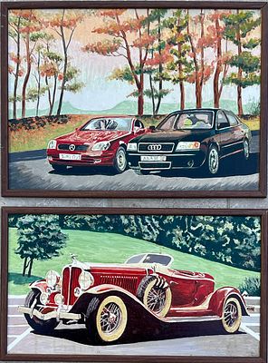 Unidentified artist - Two car paintings. Oil on masonite 43X31 and 43X25 framed, one depicted on 