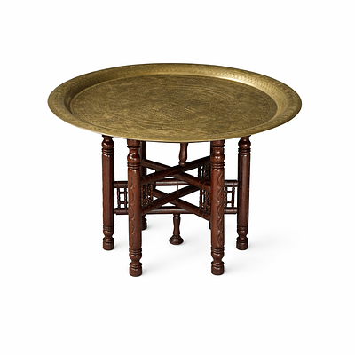 Syrian table, 6 legs. Table with a Damascus brass tray engraved with Arabic calligraphy from the 