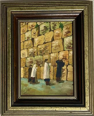 Unidentified artist - Praying at the Western Wall. Oil on canvas 33X23 signed and framed