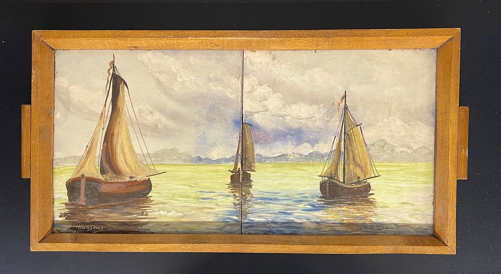 Unidentified artist - Painting on ceramic tiles 29X14.5 signed, in a wooden frame