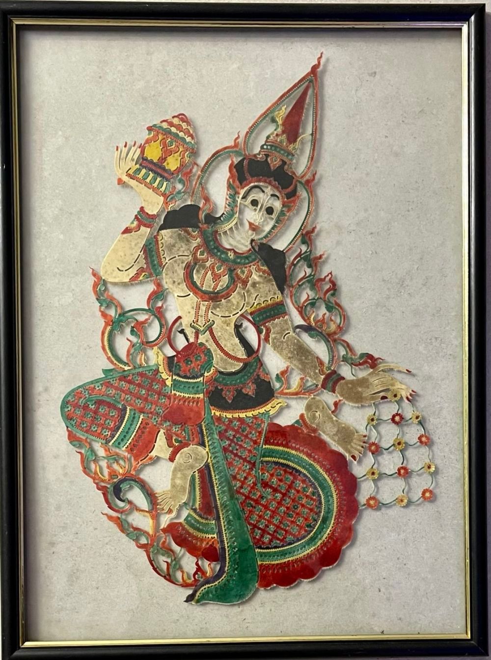 Unidentified artist - Asian leather shadow puppet figure 70x50 framed