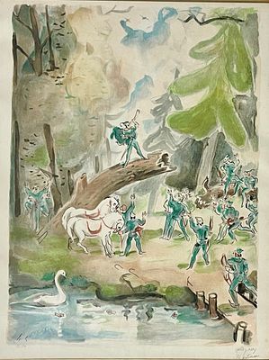 Nachum Gutman - "Robin Hood" green. Rare lithograph 42X55 signed, numbered and framed