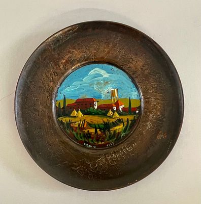 Unidentified artist - kibbutz. Oil painting on a copper plate, diameter 23, signed and described.