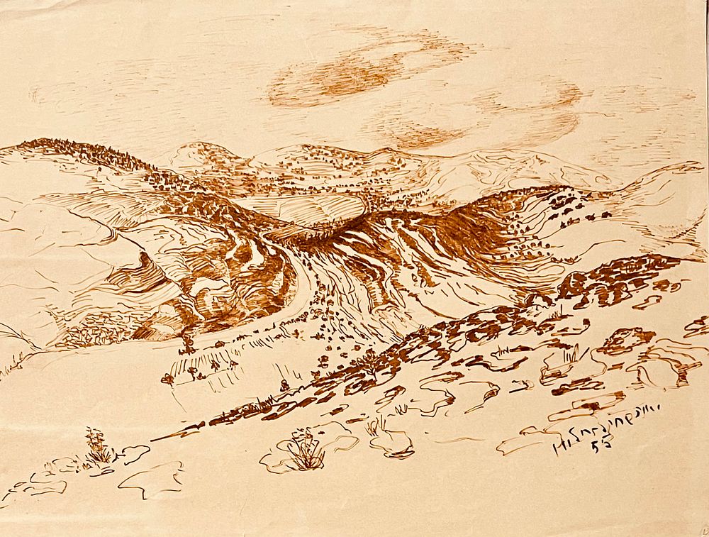 Jane Hillman-Schacherl - View of the Judean Mountains. Sepia on paper 50x70 signed and dated 1955 