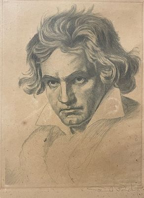 Portrait of Ludwig van Beethoven. Etching, 23X18 signed and framed