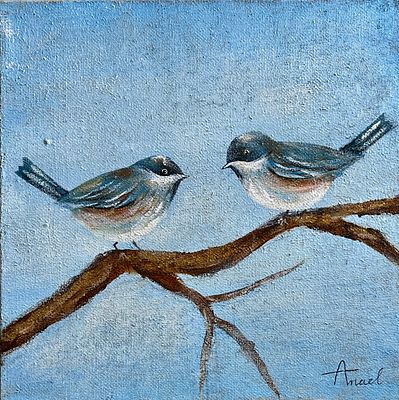 Unknown artist - sparrows. Oil on canvas 50x50 signed