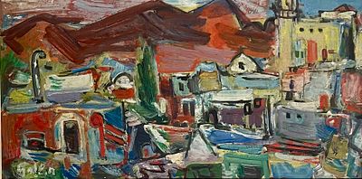 Chaya Schwartz (Israeli, 1912-2001) - Countryside view. Oil on panel 56X28 signed, framed and 