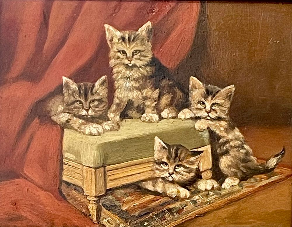 Unidentified artist - Cats. oil on wood 28X21 framed