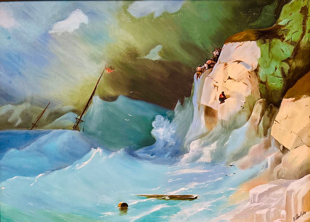 Unidentified artist - Tsunami. Oil on cardboard 70x50 signed and framed