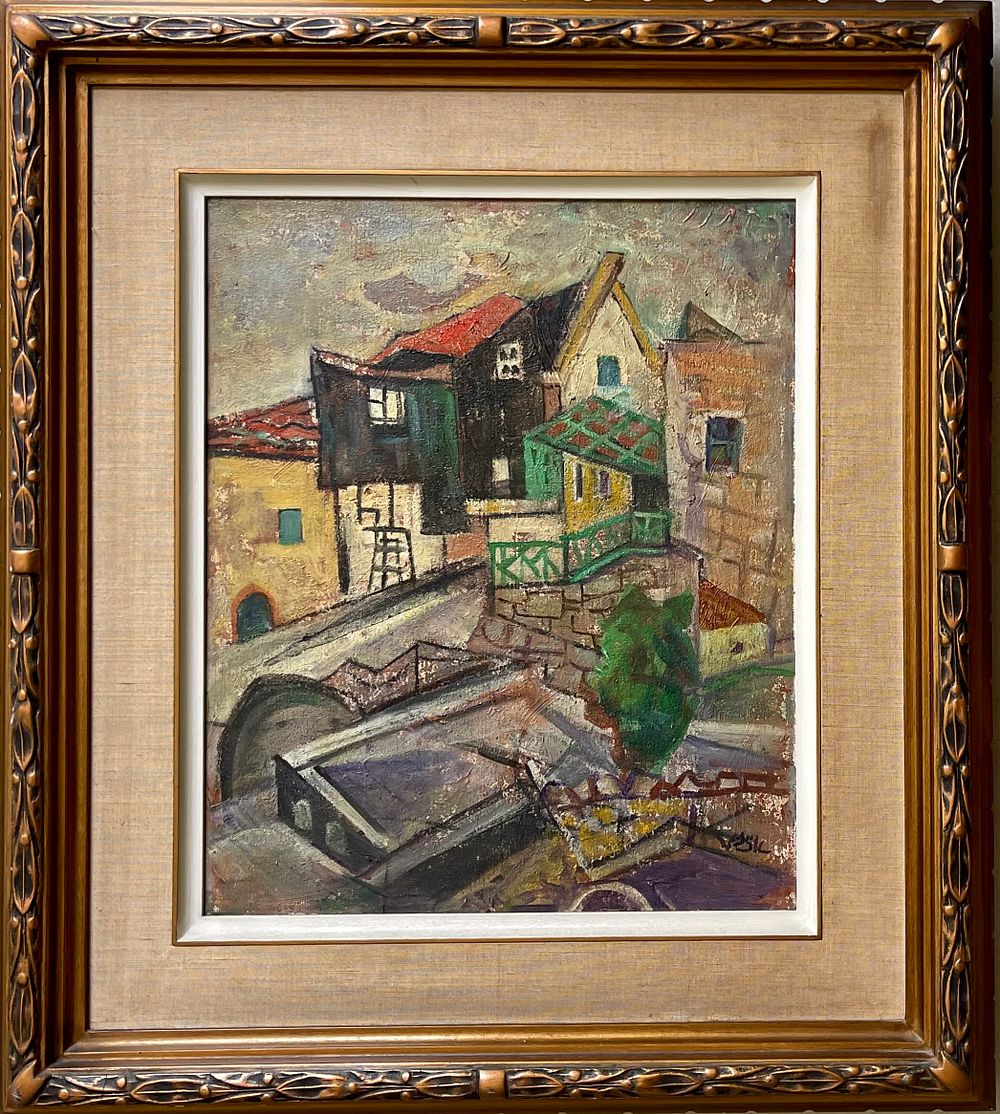 Jakob Eisenscher - Safed roofs . Oil on canvas 48X38 signed and framed