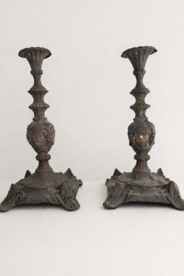 A pair of antique Polish (Warsaw) candlesticks made by: 'M. Jarra, Warsaw', made of copper 