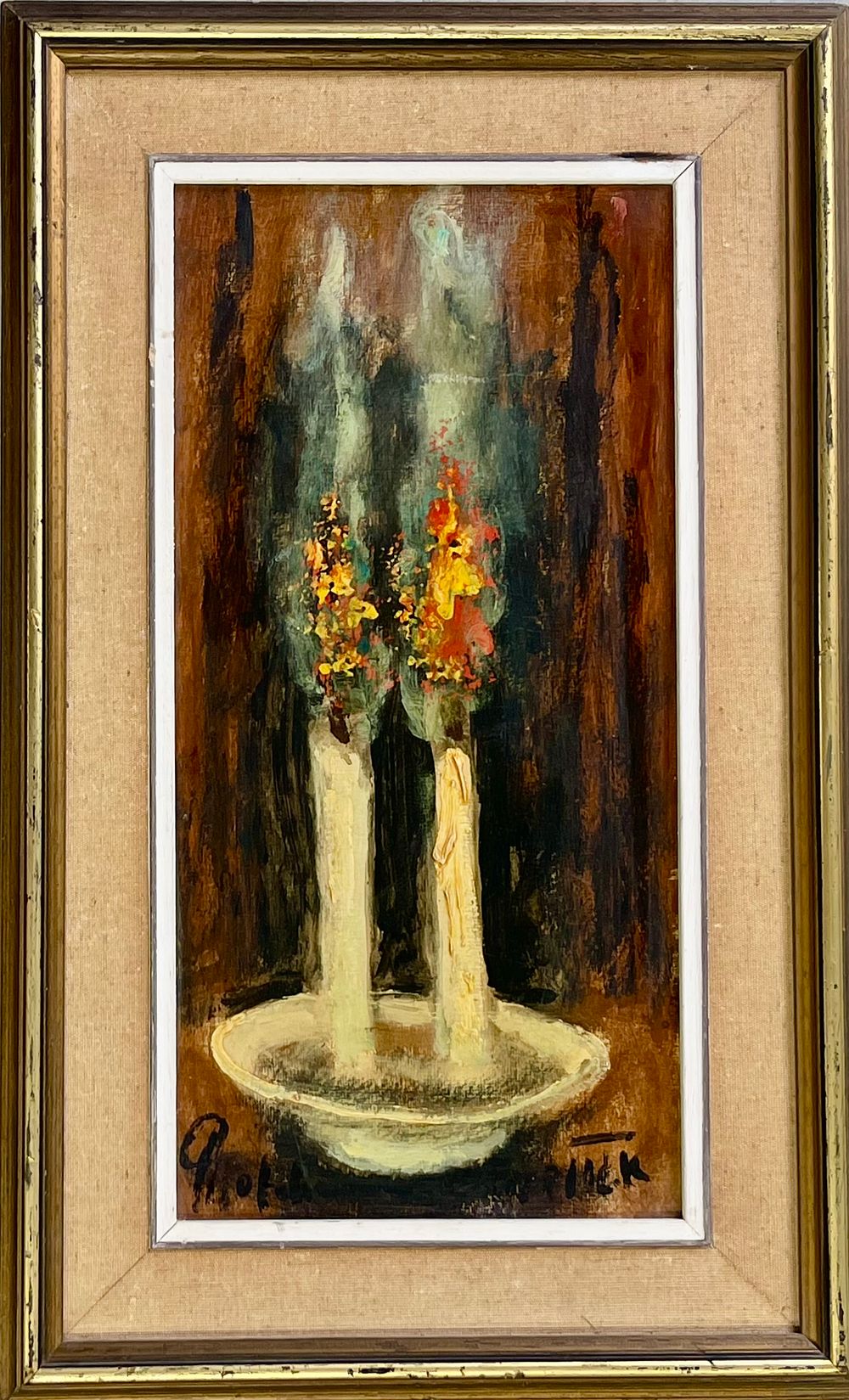 Albert Goldman - Shabbat candles. Oil on cardboard 40X20 signed and framed