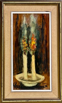 Albert Goldman - Shabbat candles. Oil on cardboard 40X20 signed and framed