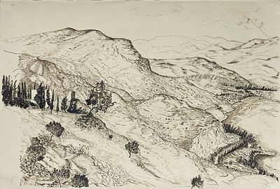 Jane Hillman-Schacherl - Mountain view. Ink on paper 51X38, signed Jana Hillman-Shahral immigrated 